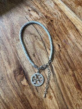 Tory Burch Silver Charm Braided Bracelet with Pavé Logo Disc